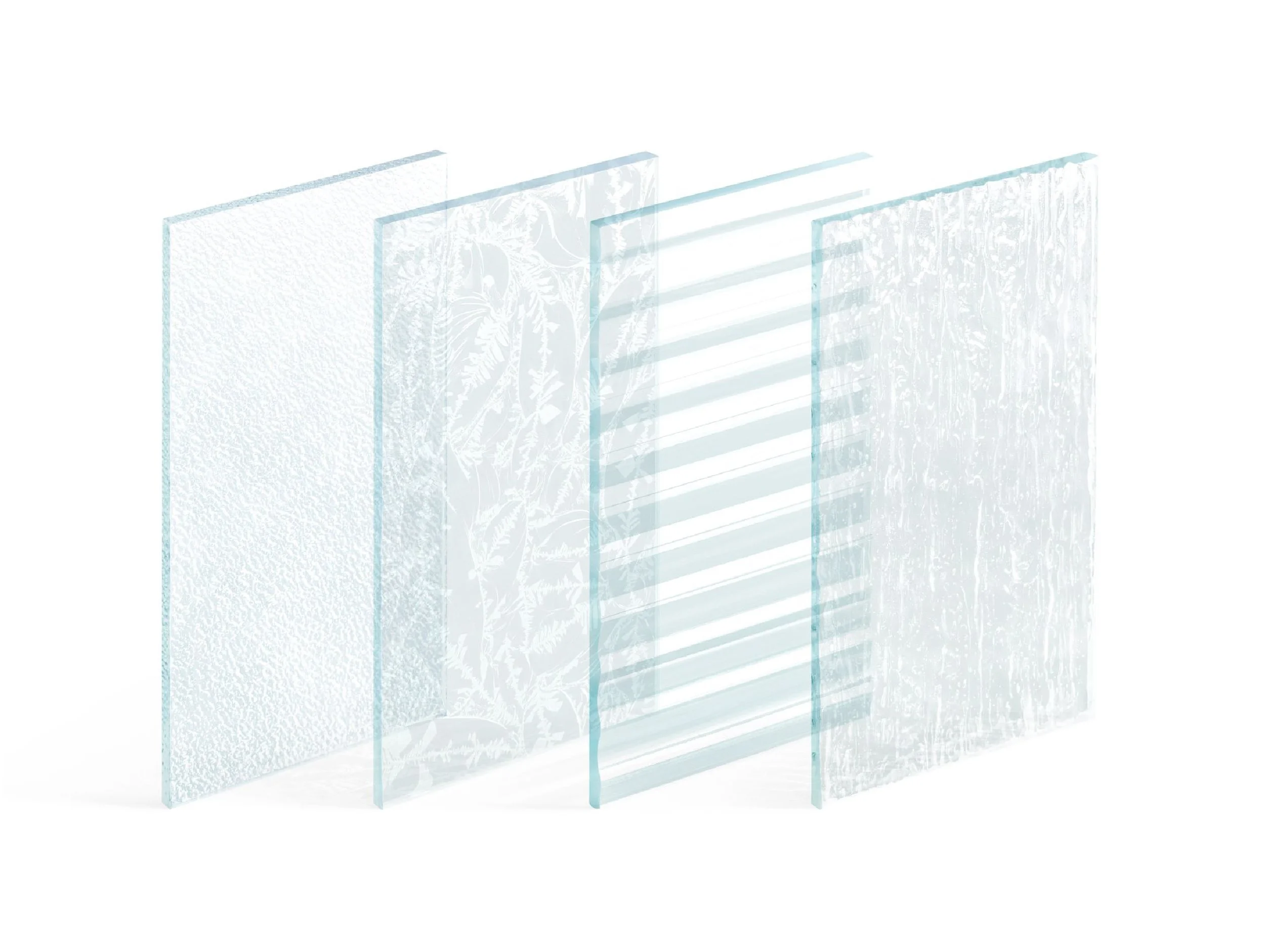 Four textured glass panels, each with distinct patterns, are displayed vertically on a white background to help demonstrate the window glass types provided by Renewal by Andersen.