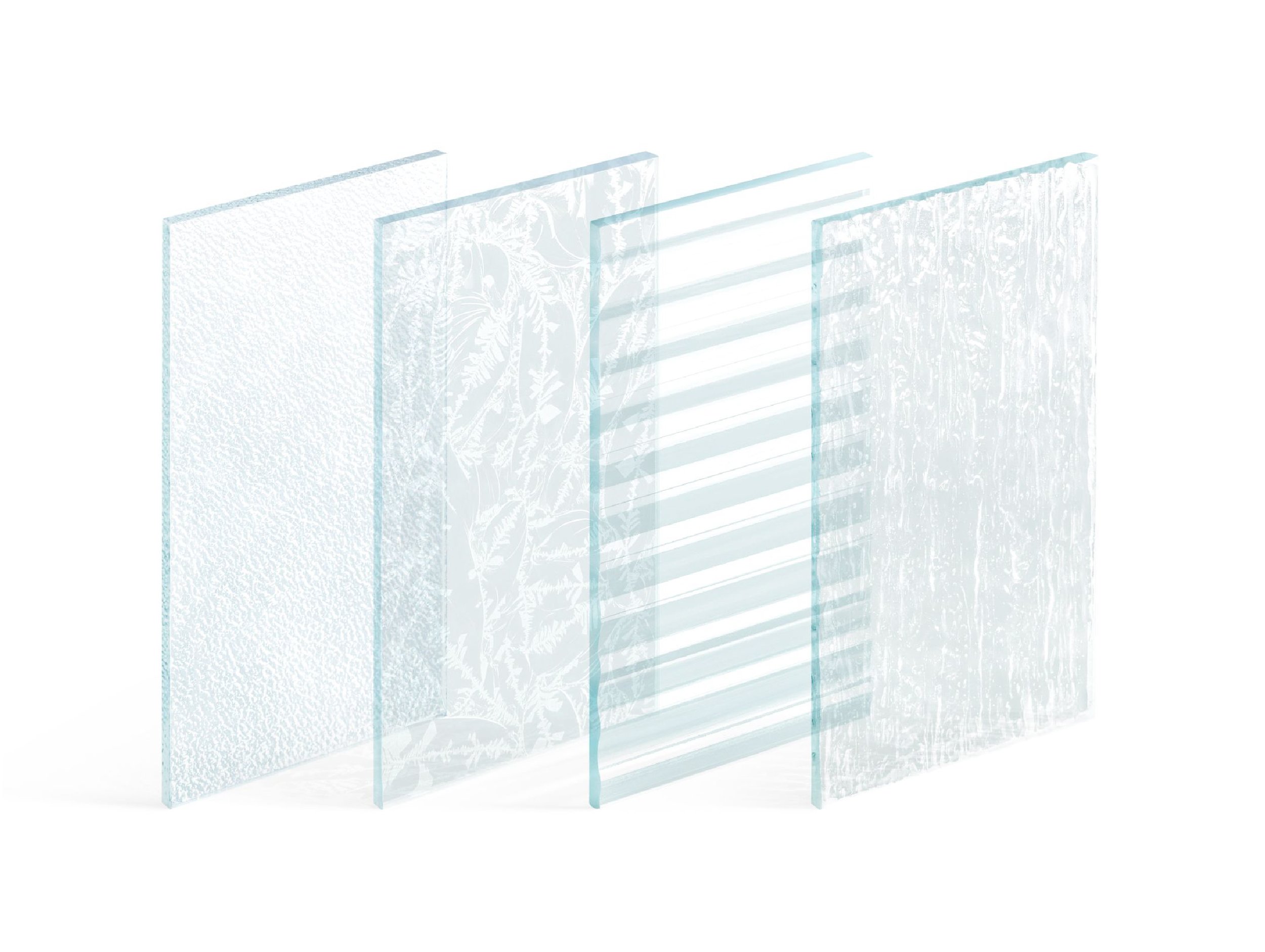Four textured glass panels, each with distinct patterns, are displayed vertically on a white background to help demonstrate the window glass types provided by Renewal by Andersen.