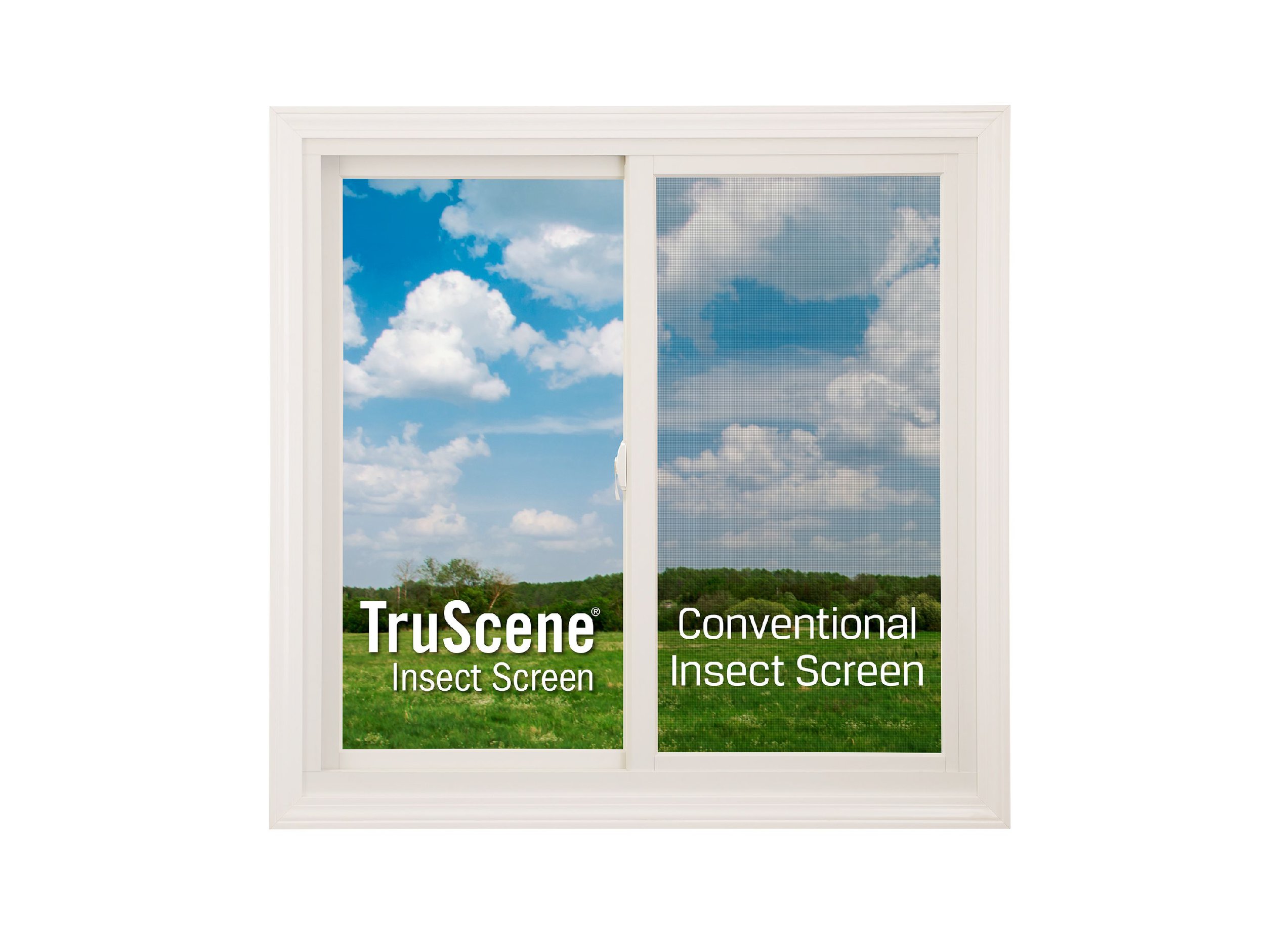 Comparison of TruScene insect screen and conventional insect screen in a window frame, showing clearer view on the left with TruScene screen and slightly obscured view on the right with conventional screen, both displaying a landscape with blue sky and clouds.