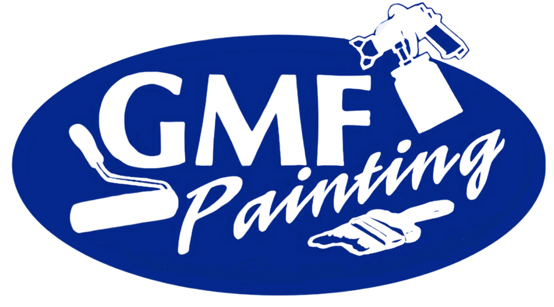 Logo for GMF Painting with paint roller, brush, and spray gun on blue background.