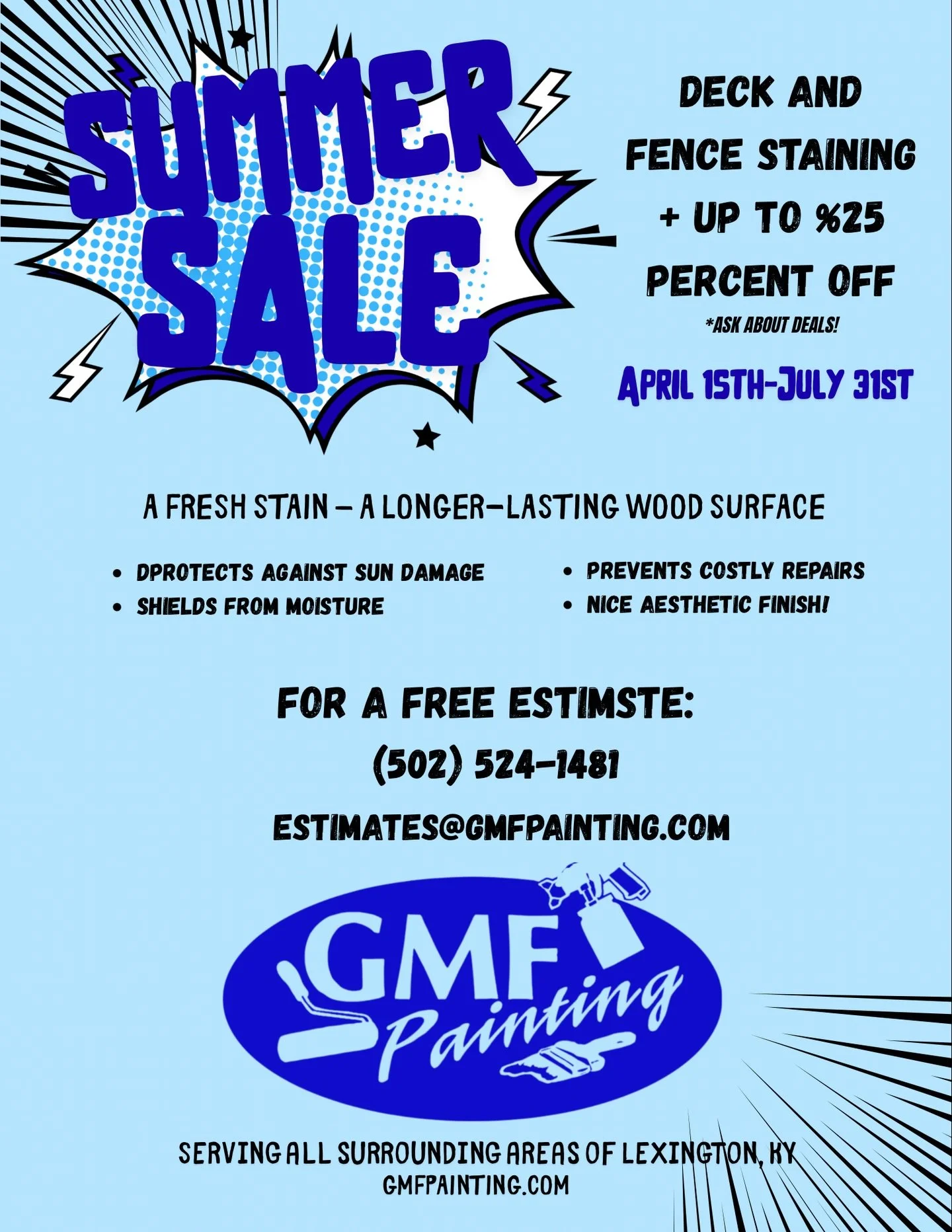 Summer Sale ☀️ Get your deck, fence, or exterior stained for less&mdash;limited time only!
 
Ask about deals! (502)524-1481 😉

#summersale #gmfpainting #stain