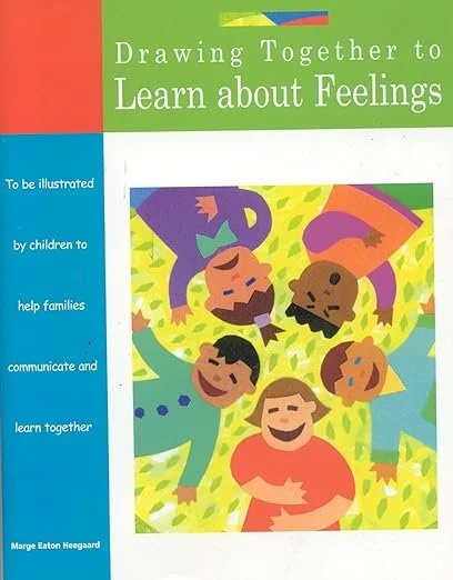 Cover of a book titled 'Drawing Together to Learn about Feelings' featuring colorful illustrations of children lying on the grass in a circle, smiling and engaging with each other.