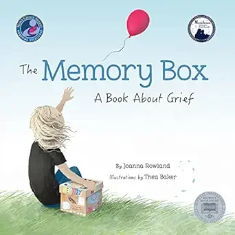 Cover of a children's book titled 'The Memory Box: A Book About Grief' featuring a girl with blonde hair sitting on grass, reaching for a pink balloon, with a box of memory items beside her.