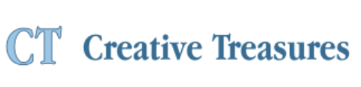 Logotype with large blue letters 'CT' and the words 'Creative Treasures' next to it.