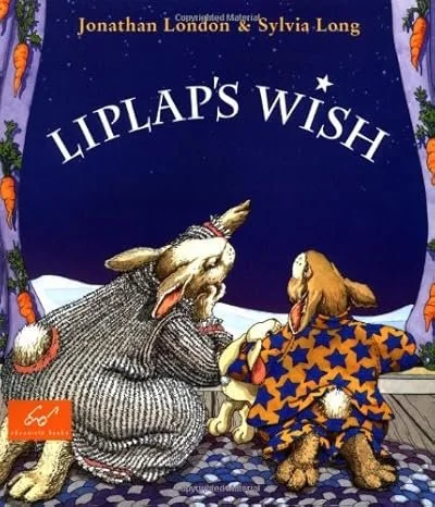 Cover of the children's book 'Lilip's Wish' by Jonathan London and Sylvia Long, featuring two dogs dressed in pajamas looking at a starry night sky through a window.