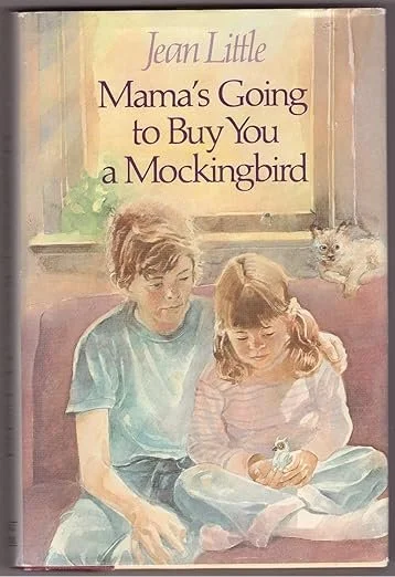 Book cover of "Mama's Going to Buy You a Mockingbird" by Jean Little, showing a boy and girl sitting together near a window with a small cat on the windowsill.