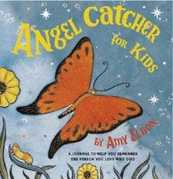 Book cover titled 'Angel Catcher for Kids' by Amy Ellie, featuring an orange butterfly with black spots and white antennae, surrounded by yellow flowers and stars on a blue background.