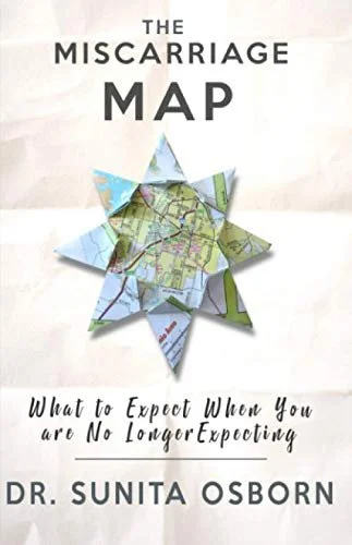 Book cover titled 'The Miscarriage Map' by Dr. Sunita Osborn, featuring an origami star made from folded paper maps.