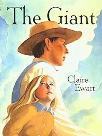 Book cover titled 'The Giant' by Claire Ewart, featuring a boy with a large hat in profile and a girl with long blond hair looking upward, against a cloudy sky background.