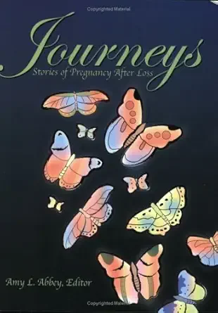 Book cover titled 'Journeys: Stories of Pregnancy After Loss' edited by Amy L. Abbey, featuring colorful illustrated butterflies on a dark background.