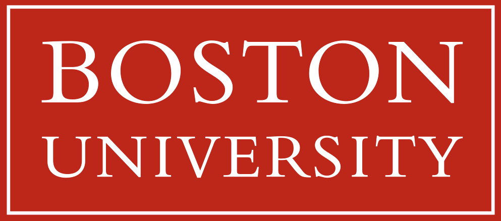 Red background with white text stating 'Boston University'.
