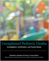 Book cover for 'Unexplained Pediatric Deaths: Investigation, Certification, and Family Needs' by Elizabeth A. Bunchbaugh and Tracy S. Comely, showing colorful playground equipment in the background.