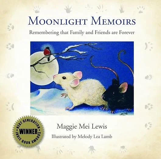 Book cover of "Moonlight Memoirs" by Maggie Mei Lewis, illustrated by Melody Lea Lamb, featuring a mouse and a black cat under a moonlit sky with a branch and a cherry in the background.