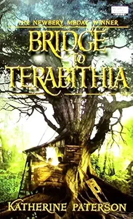 Book cover for 'Bridge to Terabithia' by Katherine Paterson featuring a large tree with a swing and a small treehouse in a bright, green forest setting.