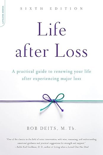 Book cover titled 'Life after Loss' by Bob Deits, M. Th., with a light-colored background and a decorative ribbon at the bottom.