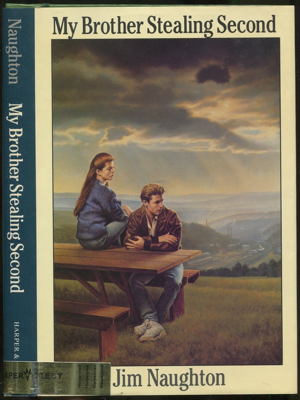 The book cover features an illustration of a young man and woman sitting on a picnic table outdoors, with a cityscape and cloudy sky in the background. The title is 'My Brother Stealing Second' by Jim Naughton.