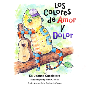 Colorful drawing of a chameleon sitting on a branch with a guitar, wearing a striped scarf, with a purple hat, next to colorful text in Spanish that reads 'Los Colores de el Amor y Dolor'.