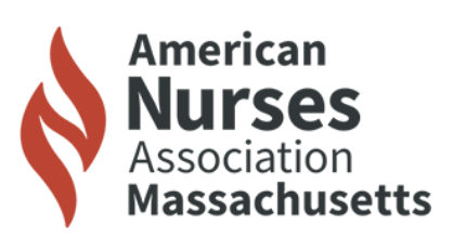 Logo of the American Nurses Association Massachusetts, featuring a red stylized flame, with text in black and gray.