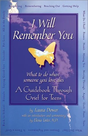 Book cover titled "I Will Remember You," about coping with grief for teens, featuring a yellow butterfly against a purple background with clouds.