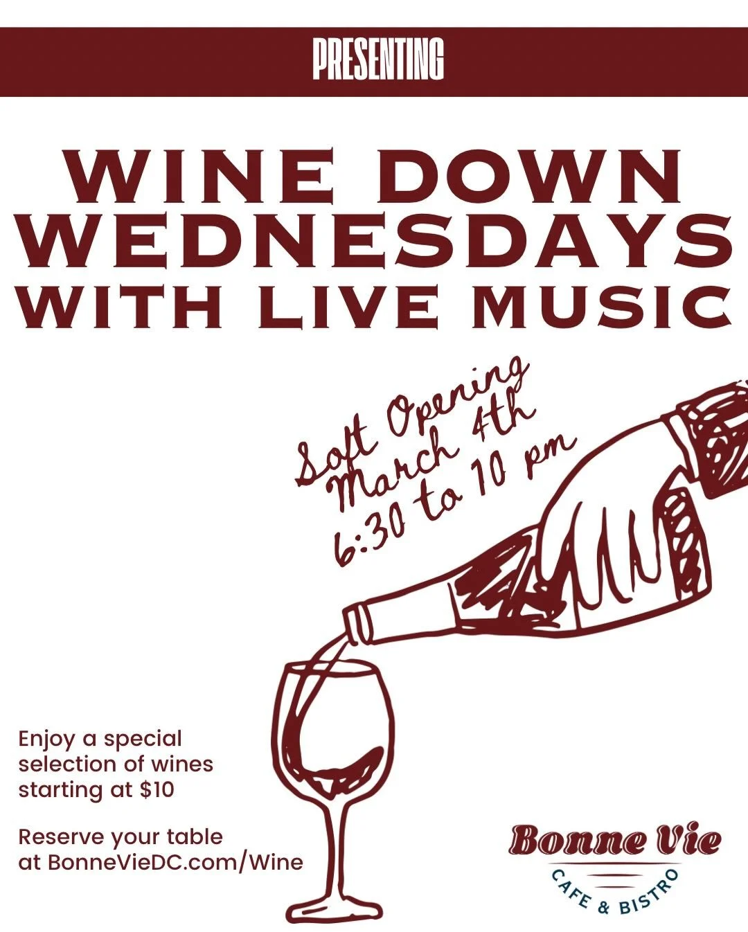 Wine Down Wednesdays at BV soft launches tomorrow, Wednesday 03/04! 🍷 Our new weekly signature event.

Unwind with a special selection of wines starting at $10 + live music featuring timeless classics from 7&ndash;10PM. The perfect midweek plan to w