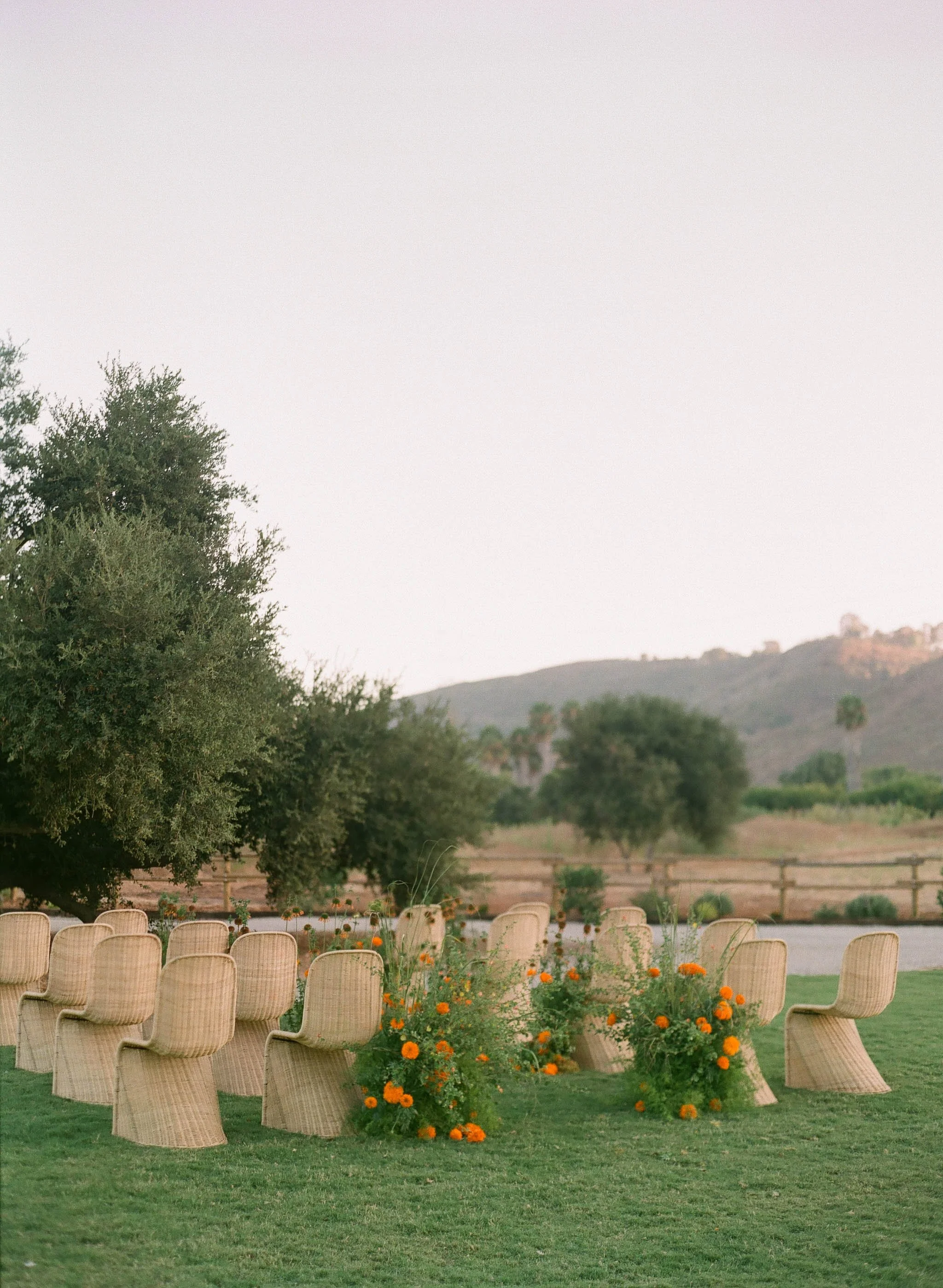 Outdoor event setup with wicker chairs arranged in a semi-circle around orange floral arrangements on a grassy area, with trees, rolling hills, and a wooden fence in the background at sunset.