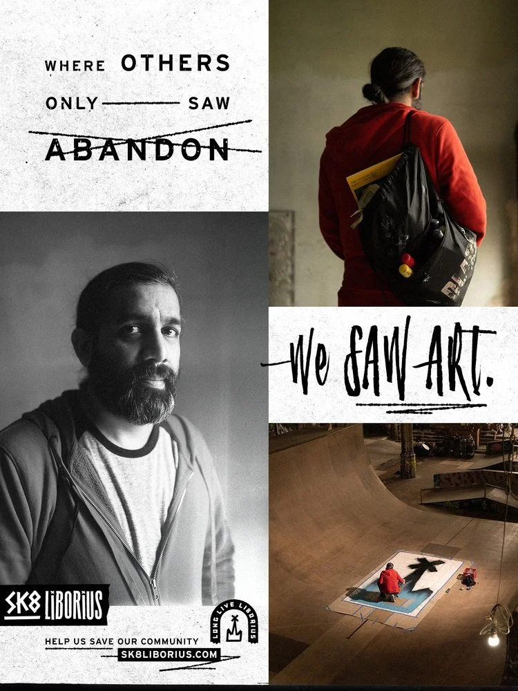 A collage featuring a quote, a woman with a backpack, a man with a beard, and a person creating street art on a skate ramp. Sk8 Liborius