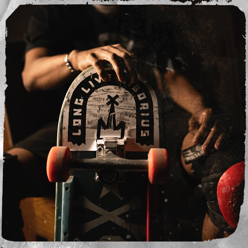 Close-up of a skateboard with a graphic design, held by a person whose arms are visible, in a dimly lit setting. Sk8 Liborius