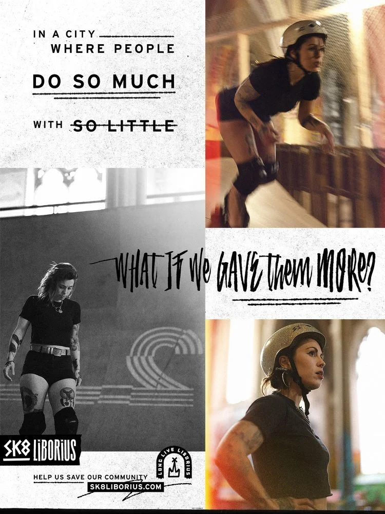 A collage with motivational quotes and images of a woman roller derby player wearing a helmet.  Sk8 Liborius
