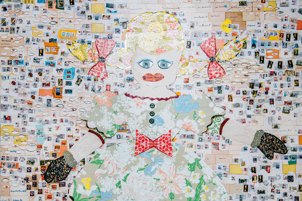 A large collage artwork of a doll with two pigtails, wearing a dress with a bow, surrounded by numerous small stamps and images.