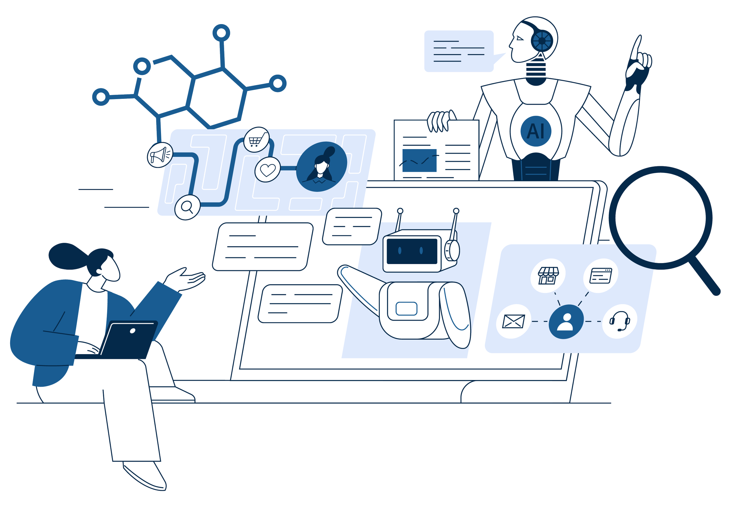 Illustration depicting AI technology and communication, featuring a robot, a person with a laptop, chat bubbles, and interconnected digital symbols.