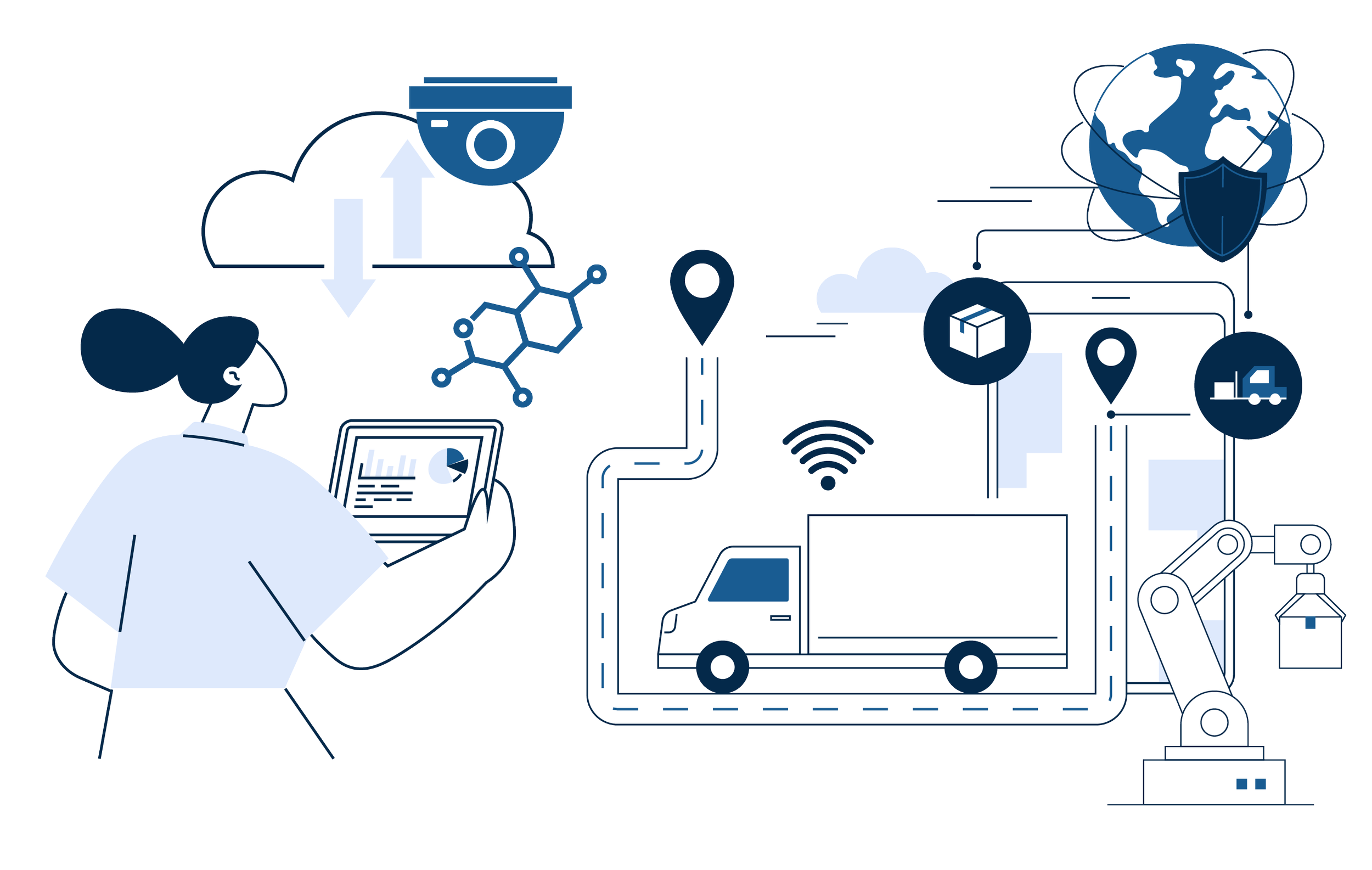 Illustration of logistics technology, featuring a person with a tablet, cloud storage, a security camera, a truck, industrial robot, and global network symbols.