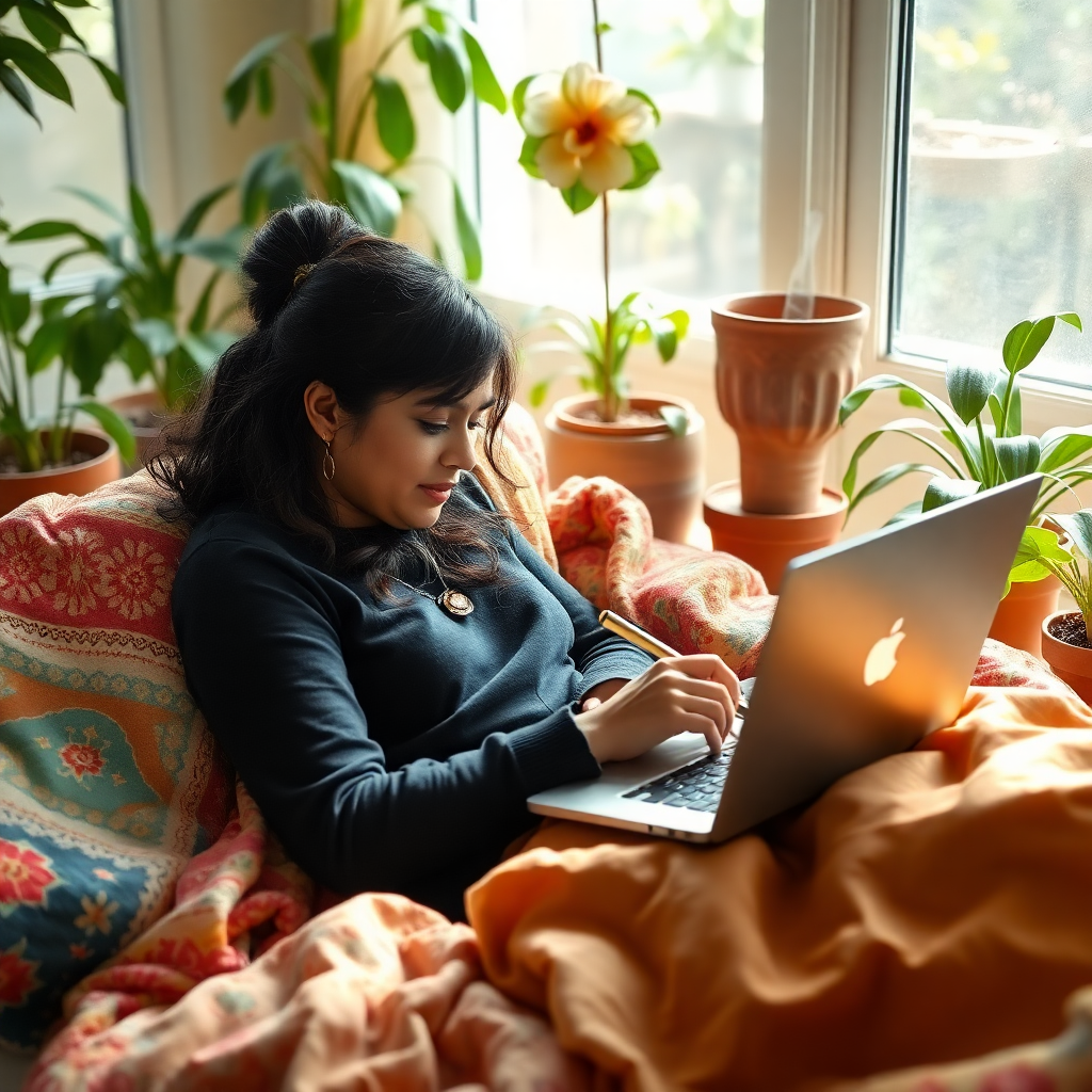 A woman is curled up on her sofa, surrounded by plants, ready to write on her laptop.