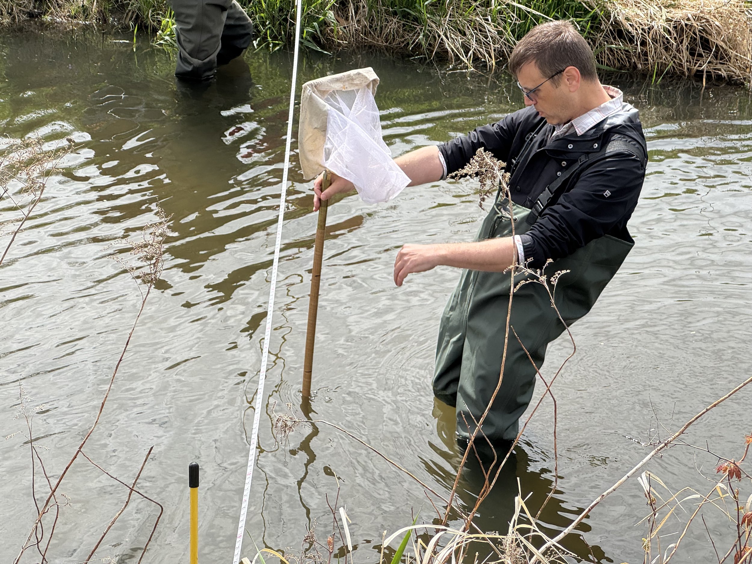 Instruction on measuring and calculating stream flow; shown is Craig Ellefson measuring stream depth intervals at a stream cross section to calculate cross sectional area in the equation.