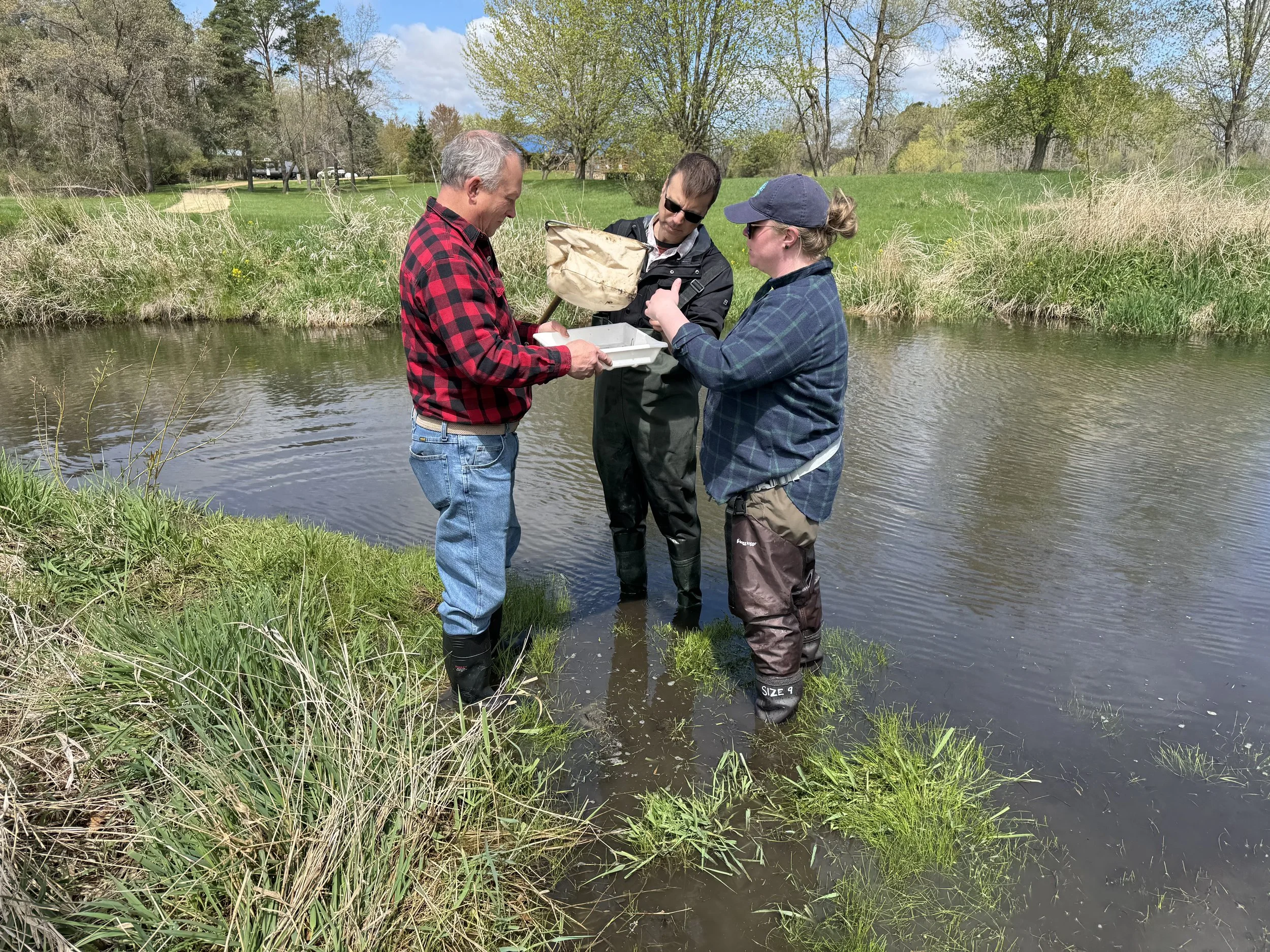 Instruction on assessing Biotic Index and presence of Aquatic Invasive Species (AIS); shown is use of a D-frame kick net to capture aquatic macroinvertebrates from a variety of stream channel environments and transfer of specimens to a sample tray (o