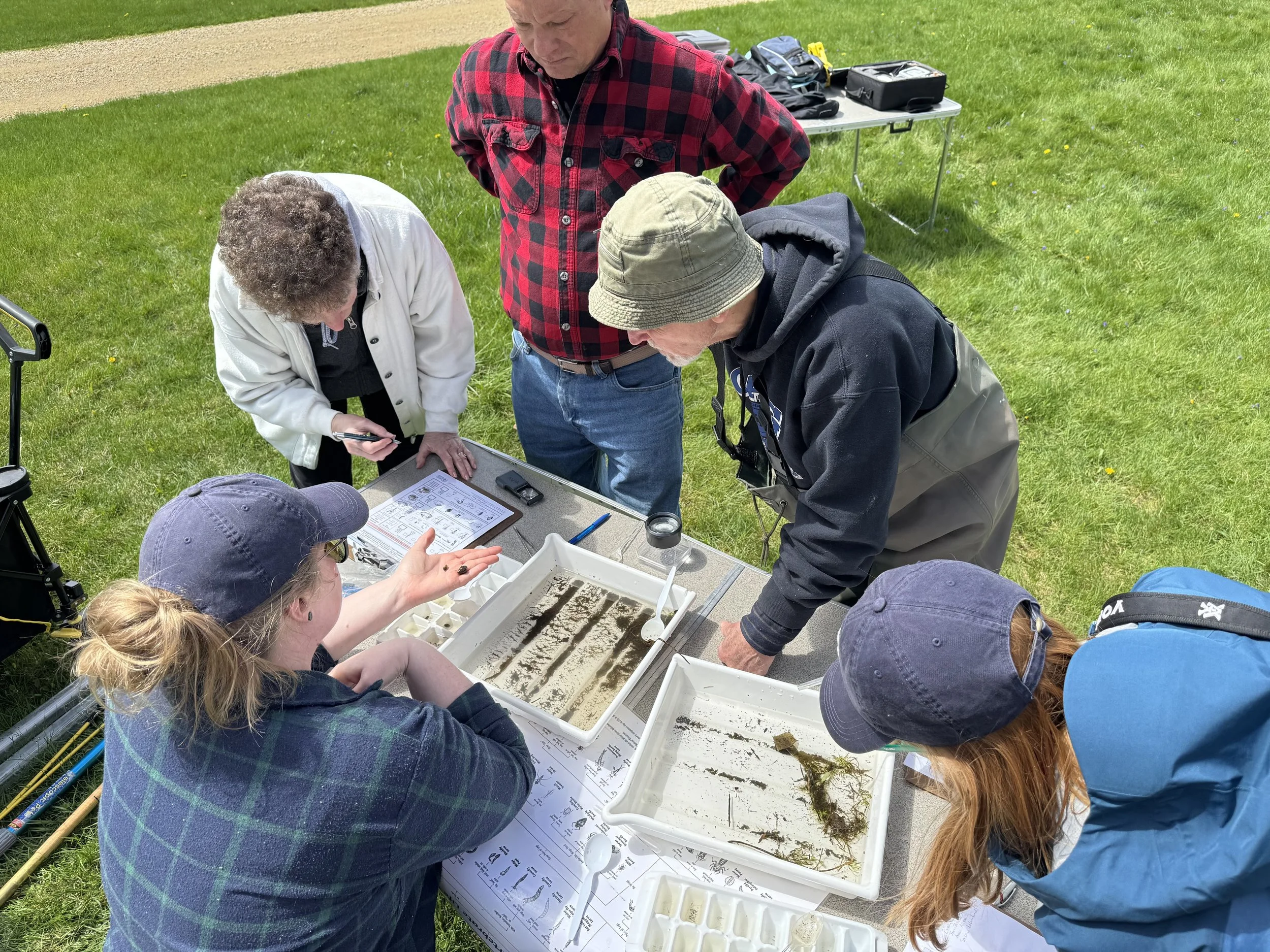 Instruction on assessing Biotic Index and presence of Aquatic Invasive Species (AIS); shown instructors comparing key characteristics of AIS species that distinguish them from similar native species.