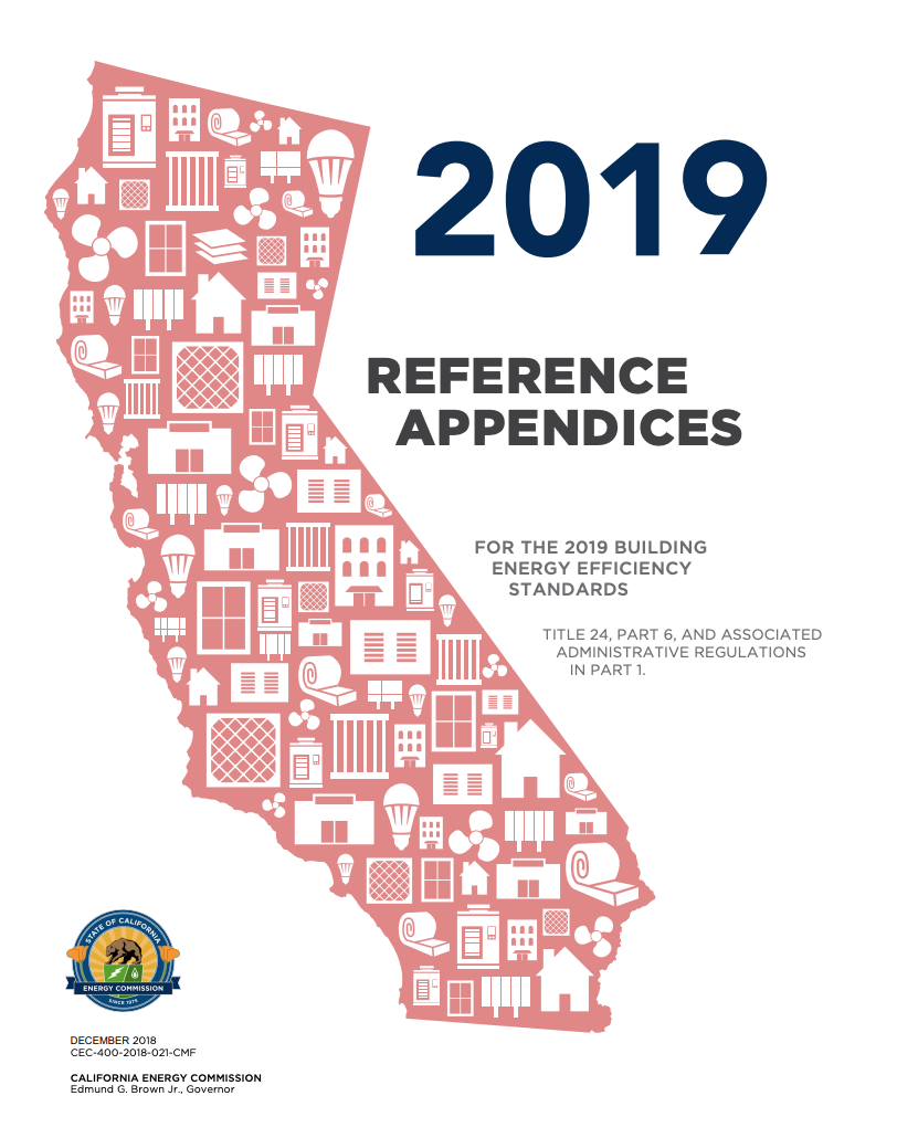 Cover page of the 2019 California Building Energy Efficiency Standards Reference Appendices, featuring a pink illustration of the California state shape filled with icons representing buildings and energy-related items, and the California Energy Commission logo at the bottom left.