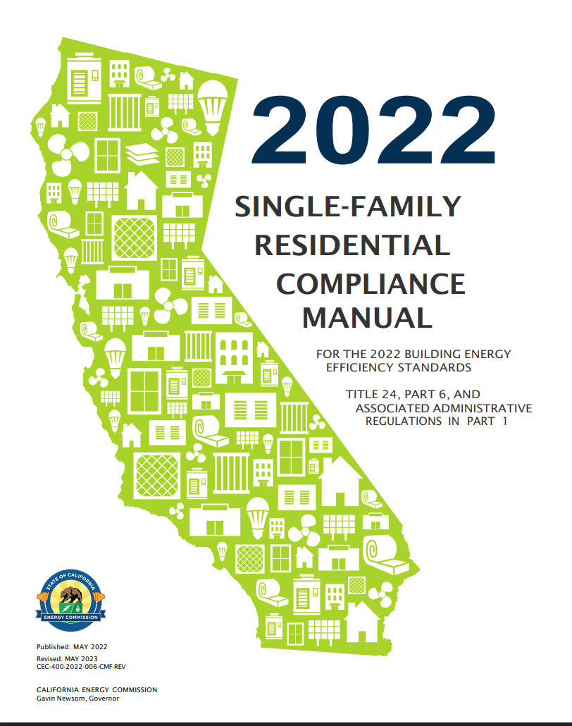 Cover page of the 2022 Single-Family Residential Compliance Manual with a green outline of California filled with icons of houses, windows, and energy-efficient features, and the California Energy Commission logo at the bottom left corner.