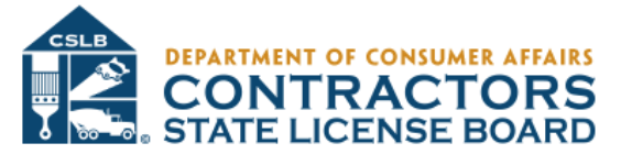 Logo of the Contractor State License Board (CSLB) with icons representing a paintbrush, a handshake, and construction vehicles.