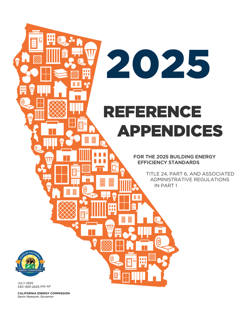 Cover page of the 2025 Reference Appendices for California Energy Efficiency Standards, featuring an orange silhouette of California filled with various building and appliance icons, and the California Energy Commission logo at the bottom left.