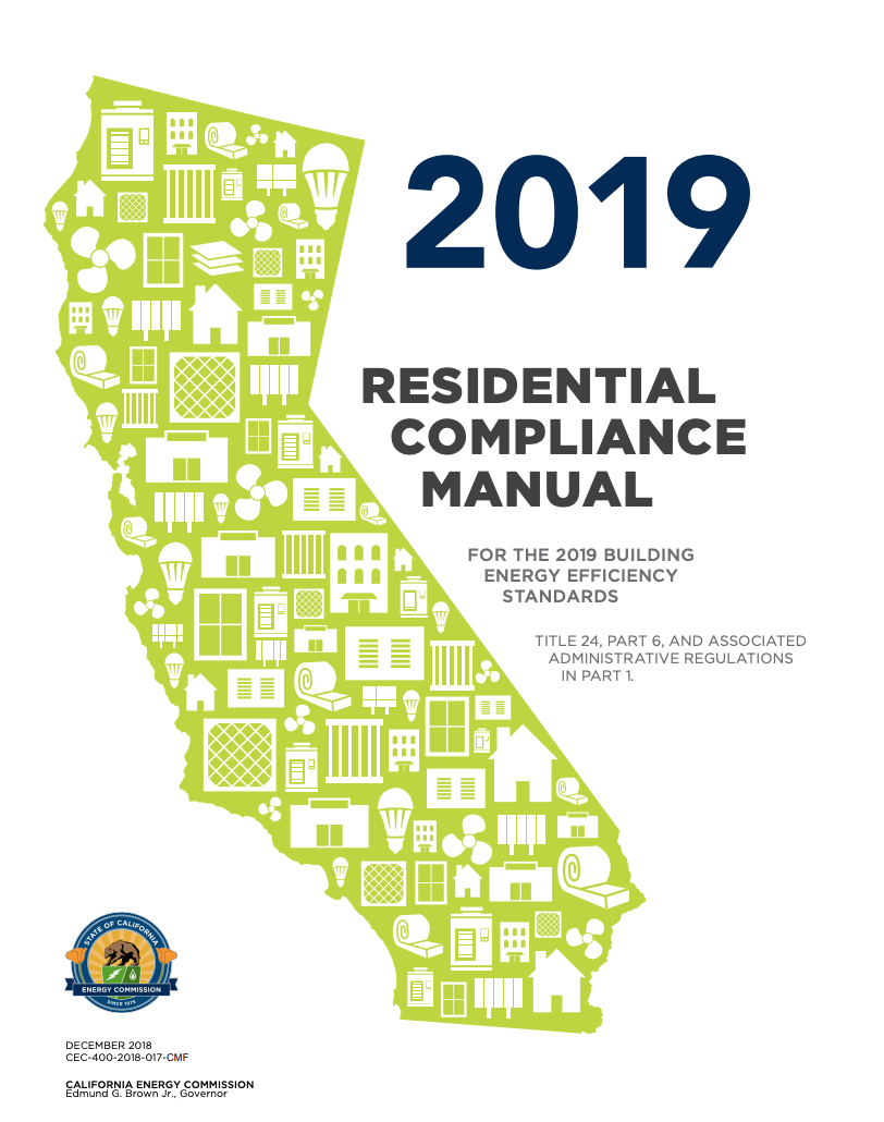 Cover page of the 2019 Residential Compliance Manual, featuring a green outline of California filled with various house and energy-related icons, and the California Energy Commission seal at the bottom left.