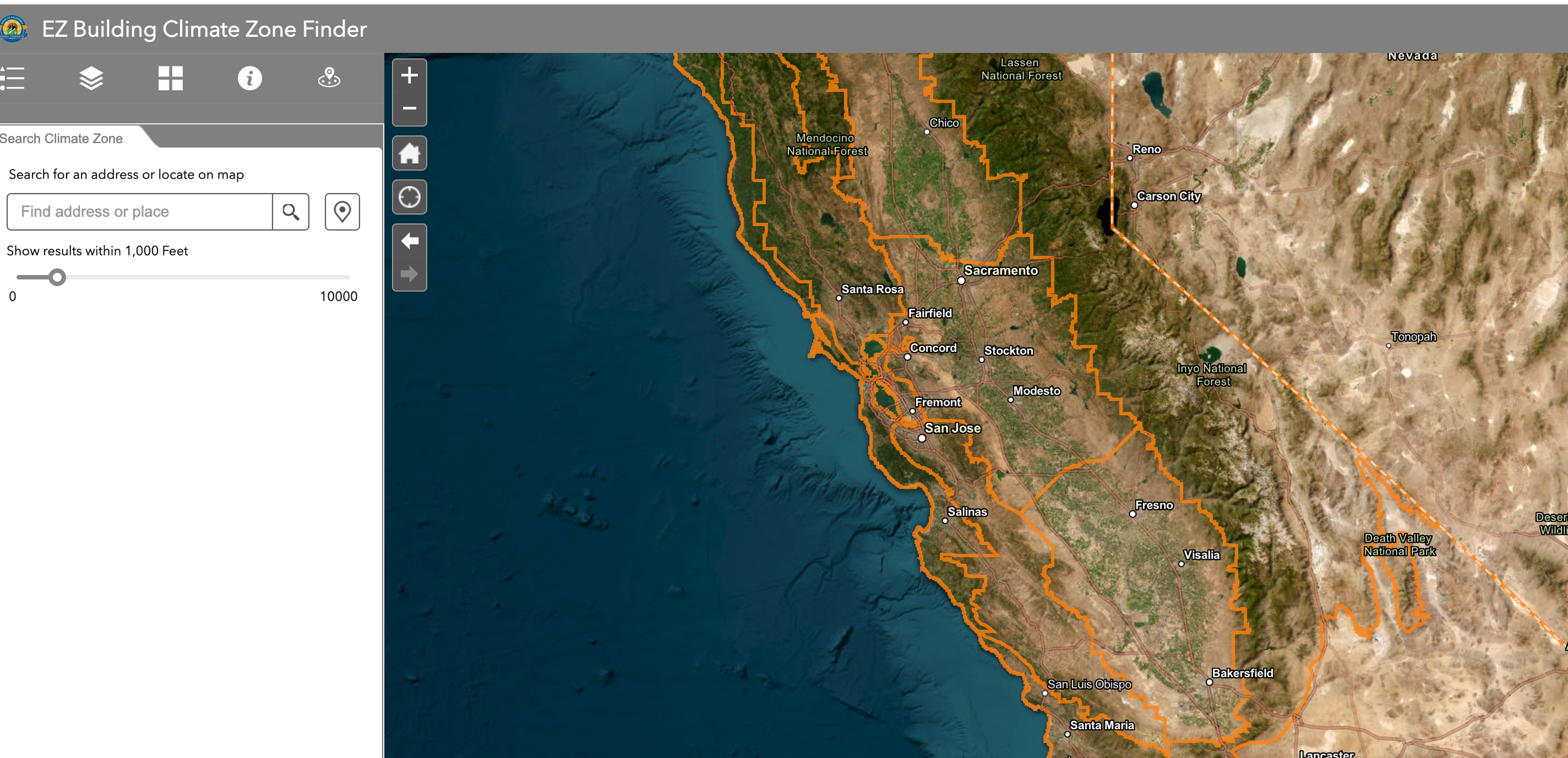 Map of California with climate zones outlined in orange, showing cities such as San Francisco, San Jose, Sacramento, and Fresno, along with national forests like Lassen, Mendocino, and Inyo.