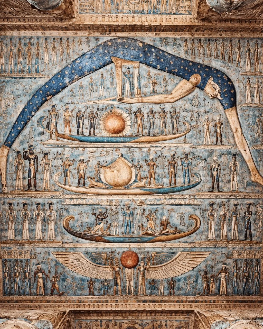 In the temple of Hathor at Dendera, the soul is remembered as celestial in origin. The temple&rsquo;s sacred astronomy suggests a vision in which human life is woven into the larger order of the cosmos: the soul descends from the starry realms, passi