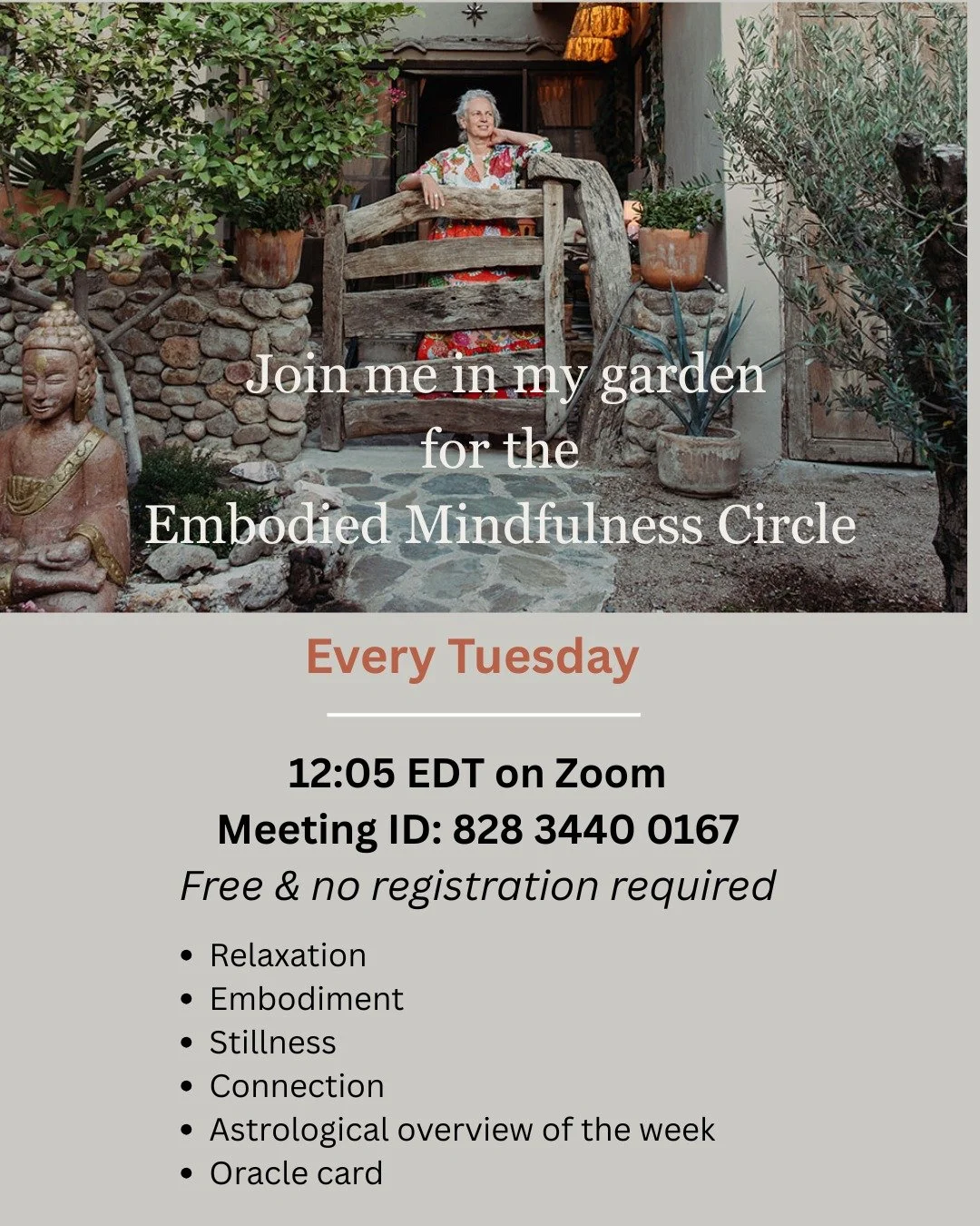 https://us02web.zoom.us/j/82834400167 🔸The Tuesday Embodied Mindfulness Circle on Zoom offers a pause in the middle of the day&mdash; a space to return to your breath, your body, and your inner steadiness. Through simple movement, guided meditation,