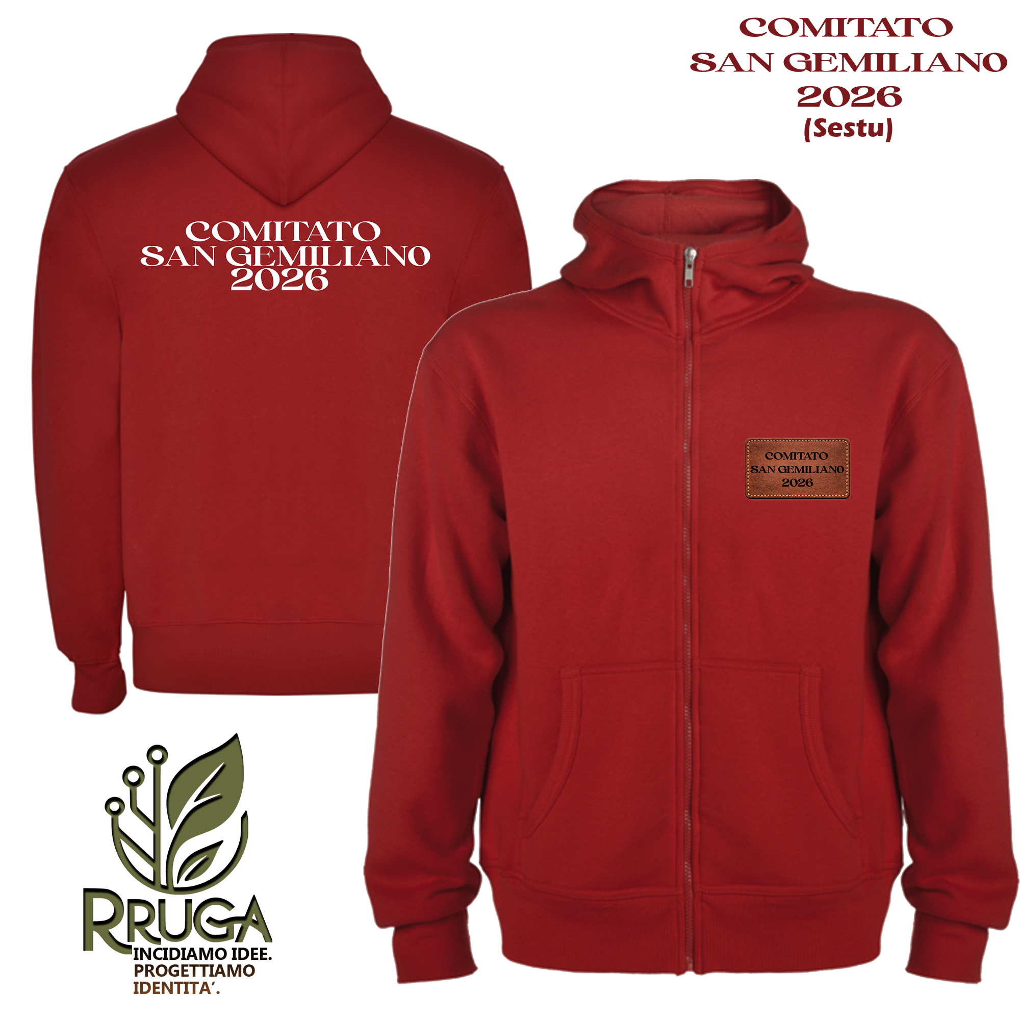 Comitato San Gemiliano 2026 
Progetto di personalizzazione realizzato per il Comitato San Gemiliano 2026 (Sestu).

Felpa con cappuccio e zip coordinata, personalizzata con:

Stampa posteriore istituzionale ad alta leggibilità.
Applicazione frontale i