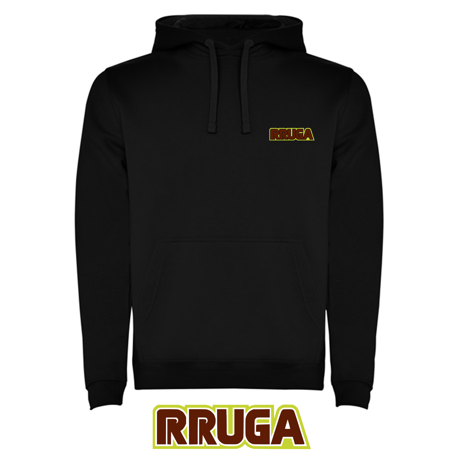 Felpa con cappuccio foderato. Polsini e vita a coste 2x1 con elastan. Cuciture nastrate in tessuto coordinato. Coulisse piatta sul cappuccio. Stampa RRUGA in DTF professionale a lunga tenuta.
Opzioni di colore con cappuccio a contrasto e occhielli in