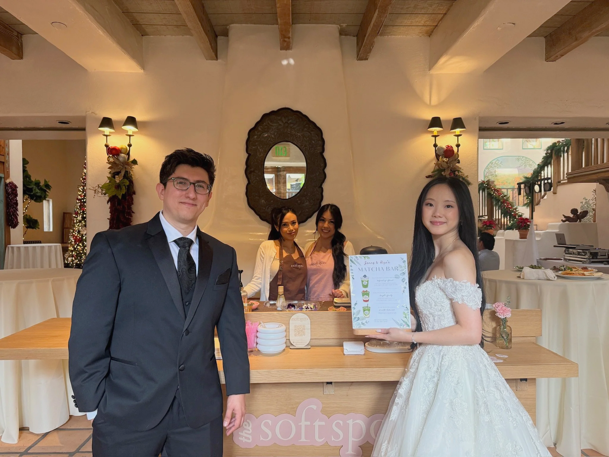 Guests enjoying matcha drinks from The Soft Spot at a catered wedding event in Southern California