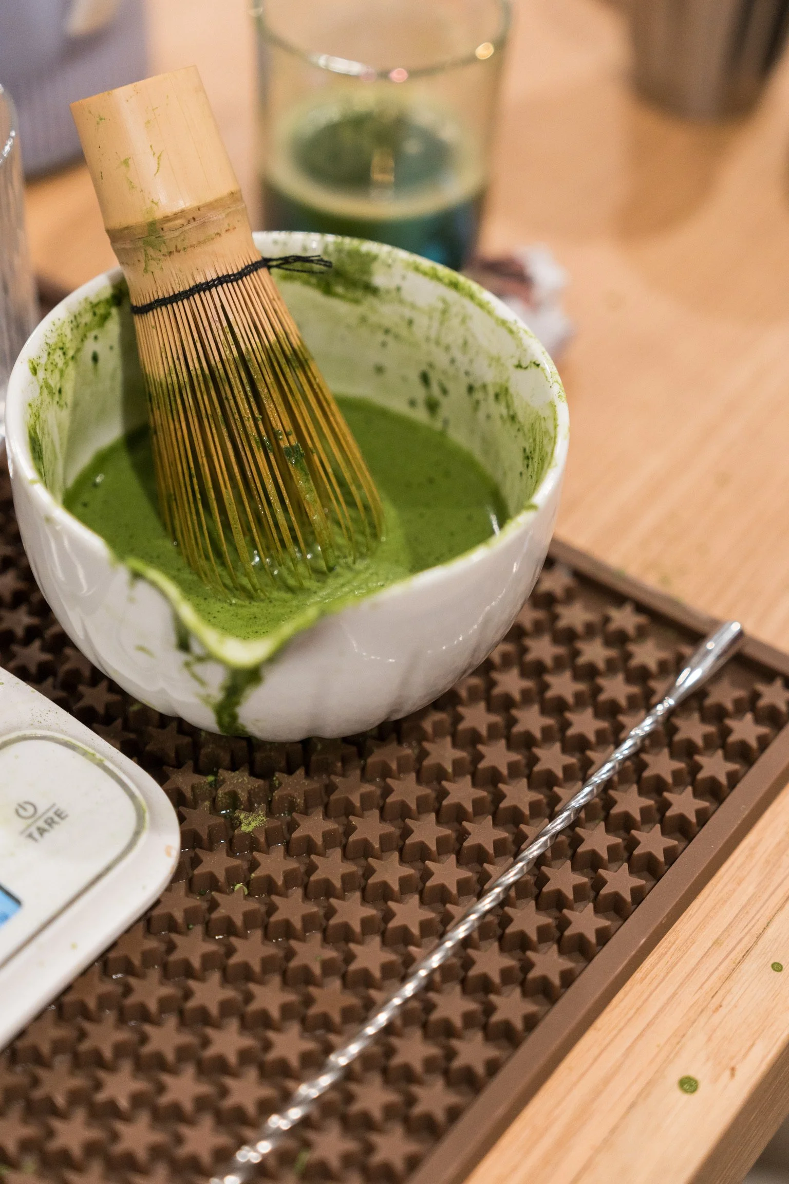 Matcha bowl and whisk on The Soft Spot mobile bar during a catered event