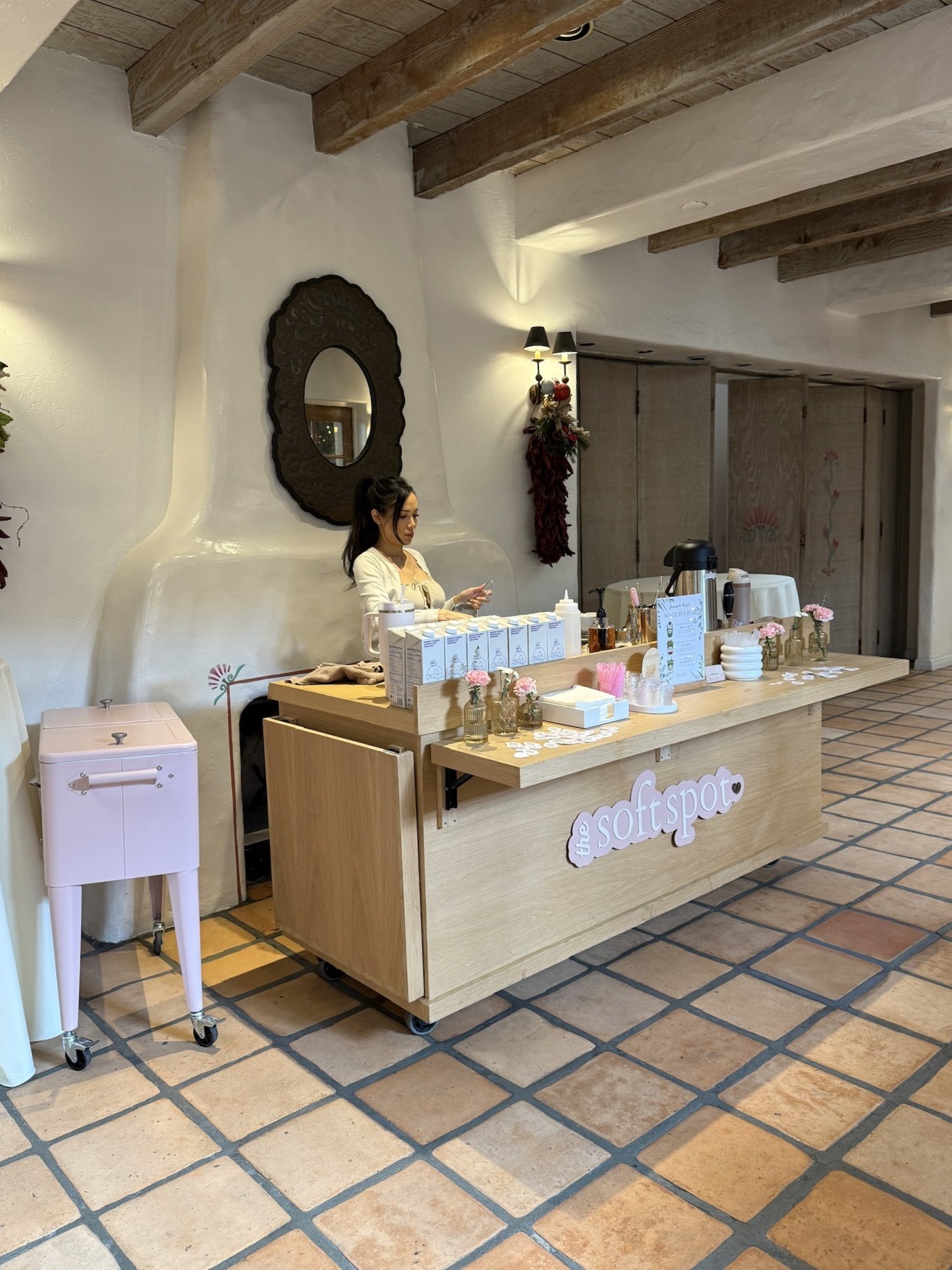 Mobile matcha and espresso bar indoor setup by The Soft Spot at a wedding