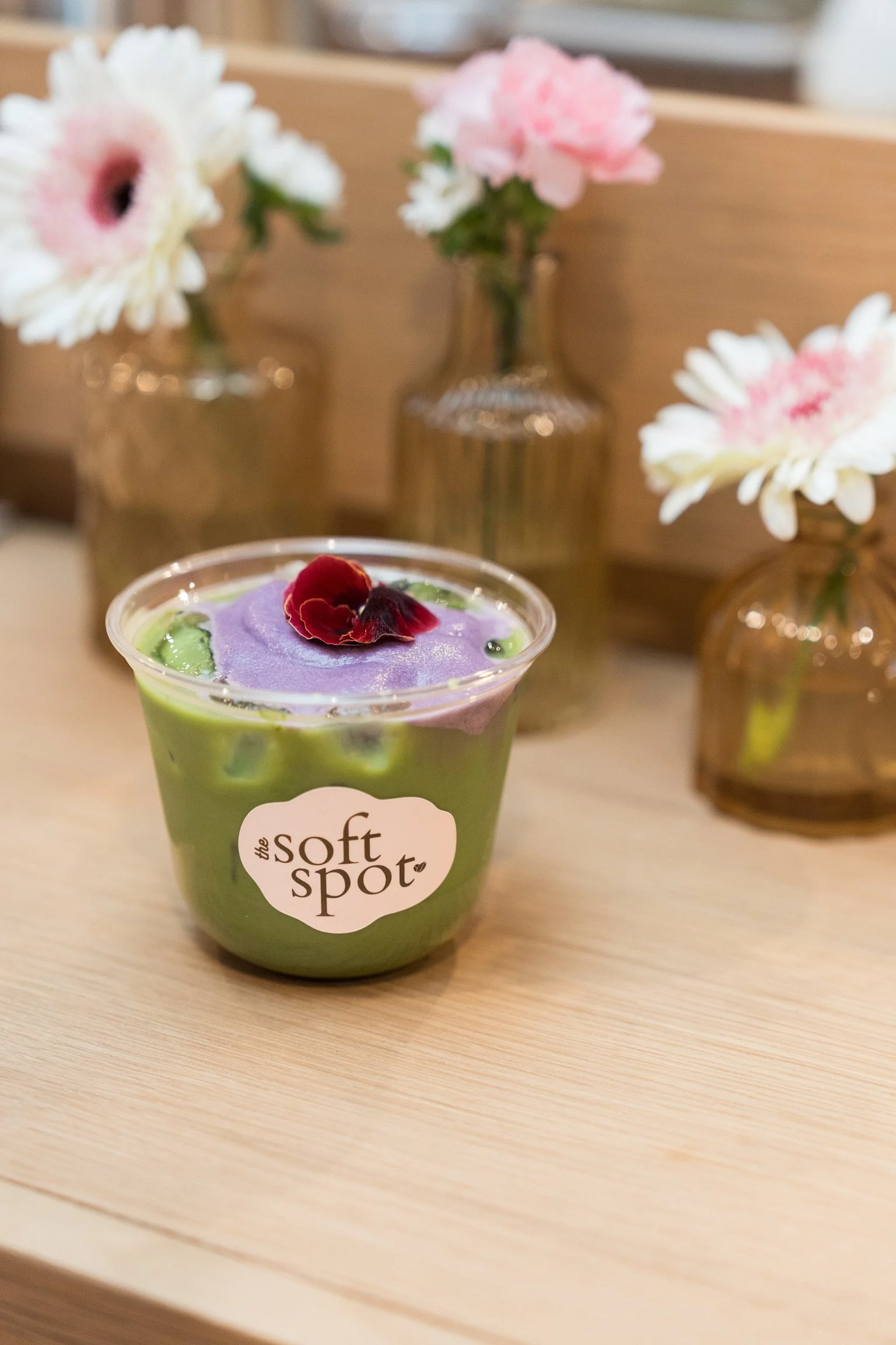 Iced matcha drink prepared by The Soft Spot for matcha bar catering at an event in Orange County
