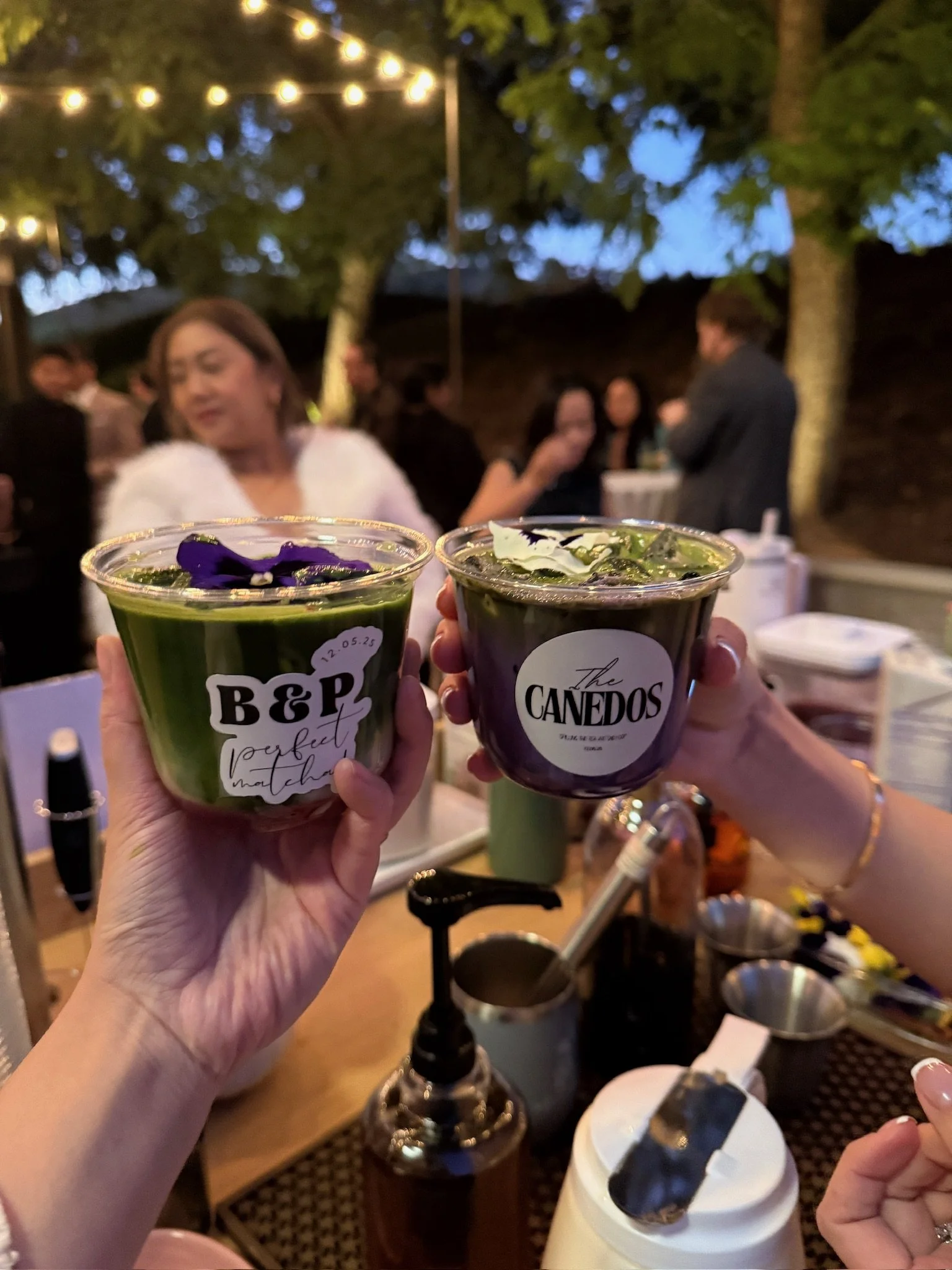 Matcha and espresso drinks prepared by The Soft Spot branded with custom stickers for a wedding in Southern California